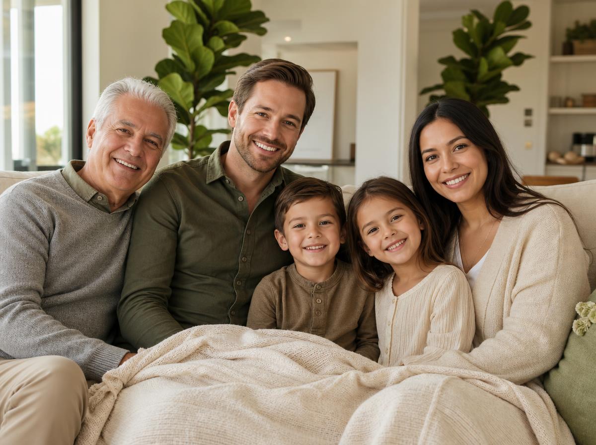 A multi-generational family sitting together on a sofa, smiling warmly in soft natural light