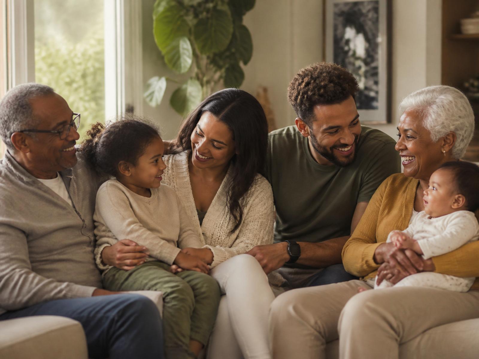 A multi-generational family sitting together on a sofa, smiling warmly in soft natural light