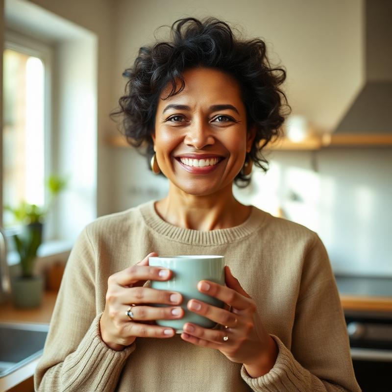 Portrait of Maya R. smiling in a bright kitchen