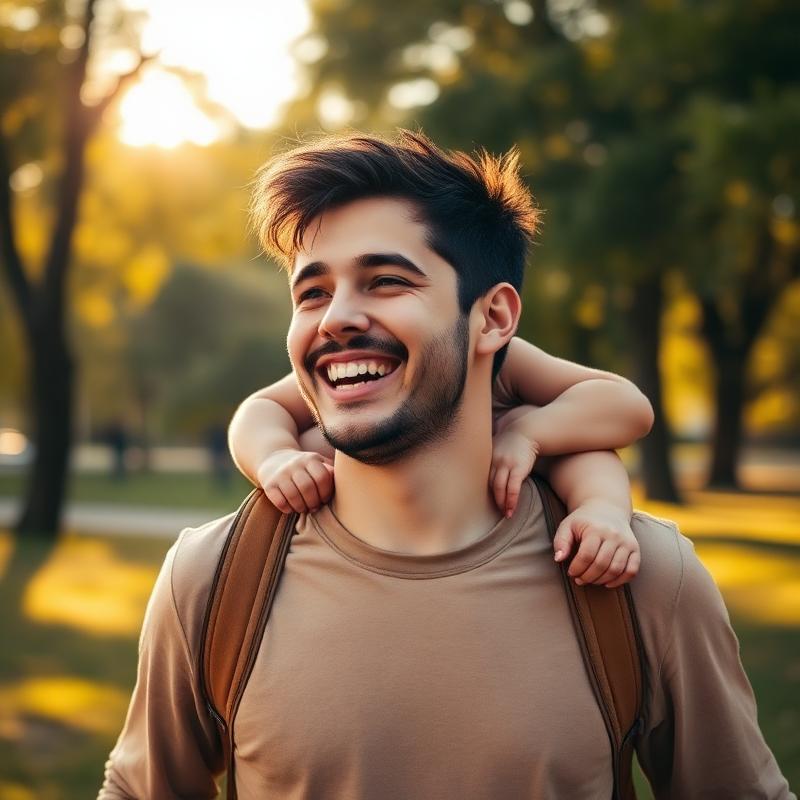 Portrait of Devon T. laughing in a sunlit park with his child