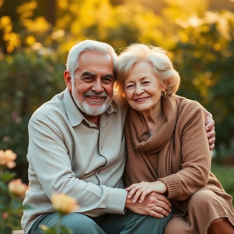 Portrait of Ann & Robert P. sitting together in a garden